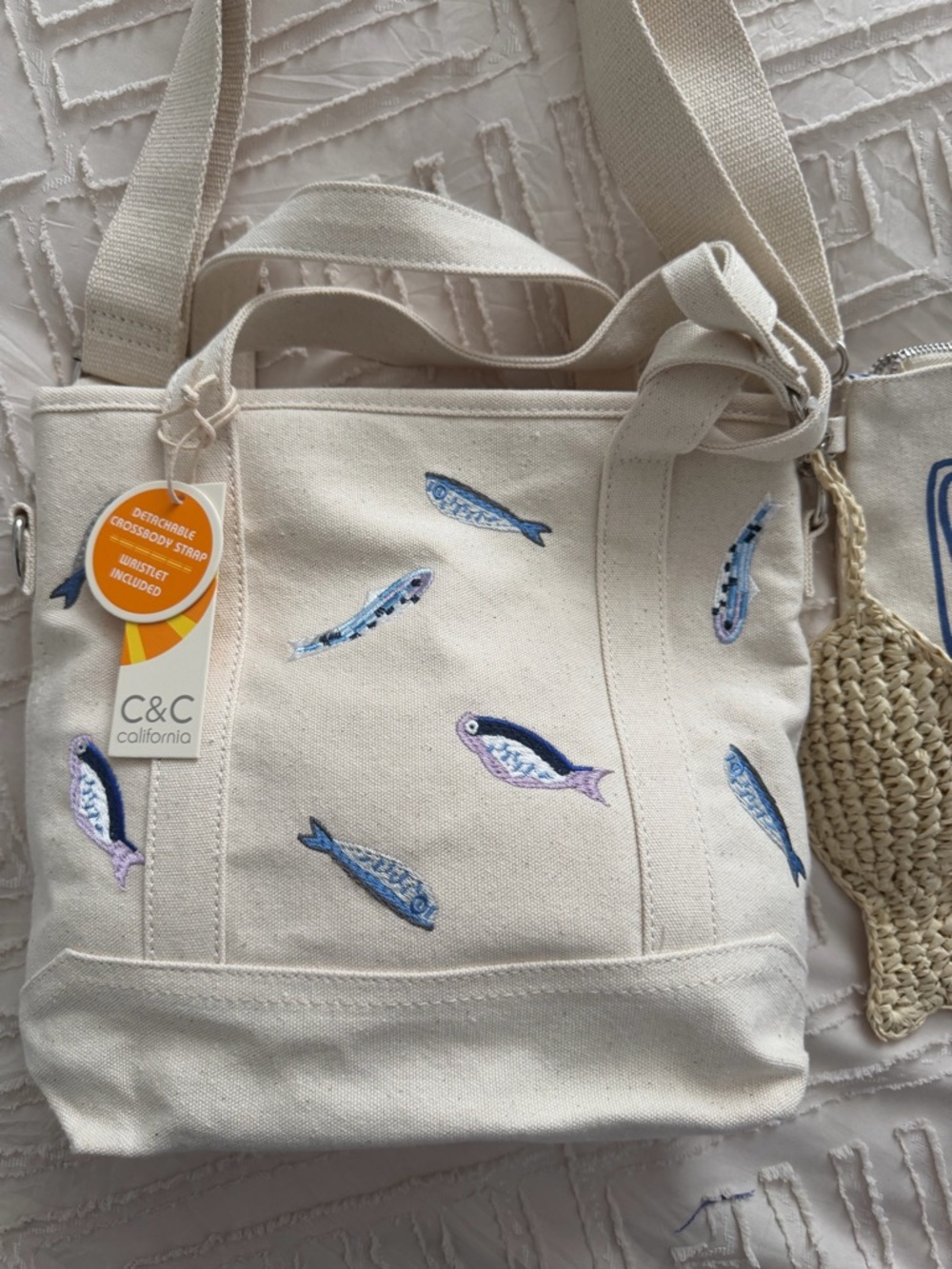 C&C California Embroidered Fish Canvas Tote in Natural with Blue Accents - Picture 2 of 8